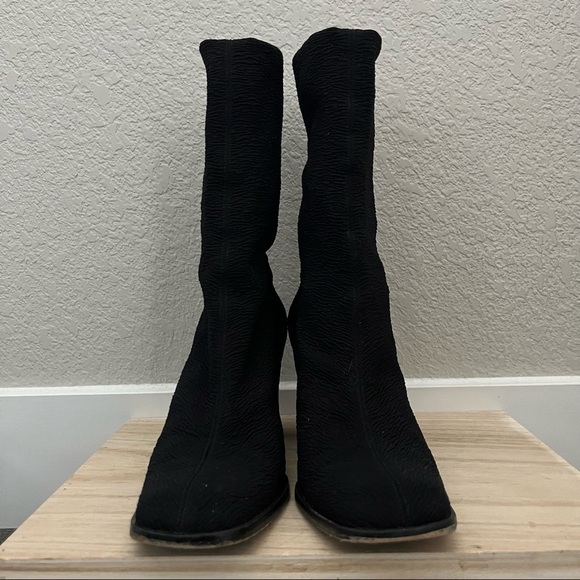Charles Jourdan Black Knit Block Heel Mid Calf Sock Boot 7.5 - Picture 3 of 5